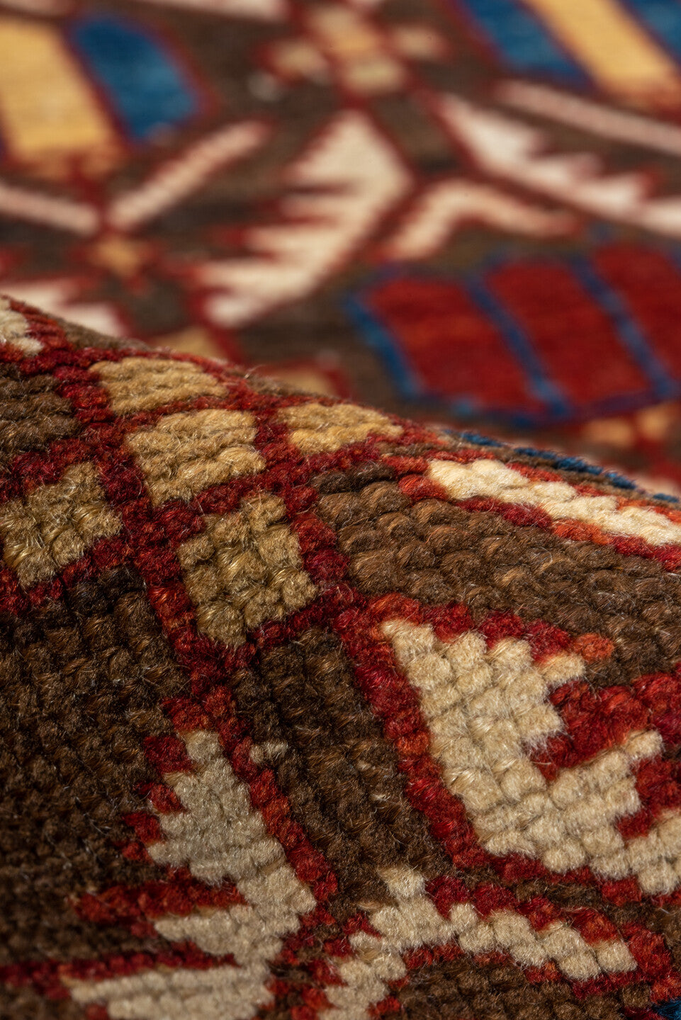 3' x 5' one-of-a-kind handmade vintage Shirvan small size rug. Color palette: blue, brown, dark gray, dark red, gray