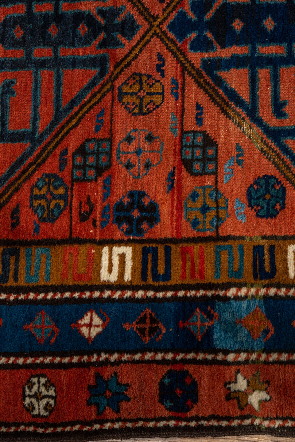 3' x 12' one-of-a-kind handmade vintage NW Persian runner rug. Color palette: rust, sky blue, navy, ivory, coral, camel
