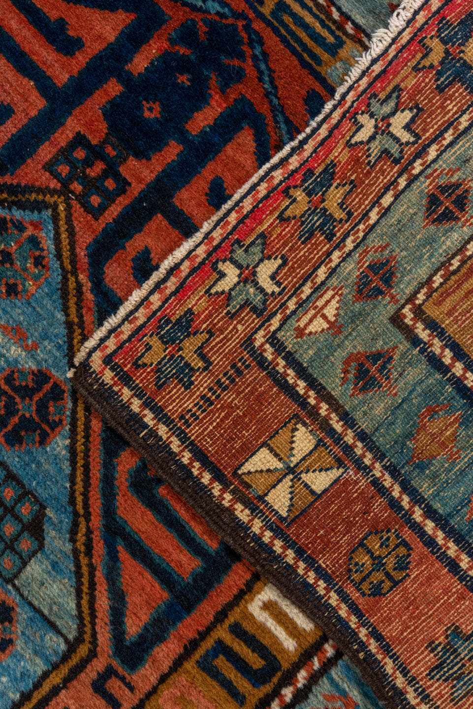 3' x 12' one-of-a-kind handmade vintage NW Persian runner rug. Color palette: rust, sky blue, navy, ivory, coral, camel