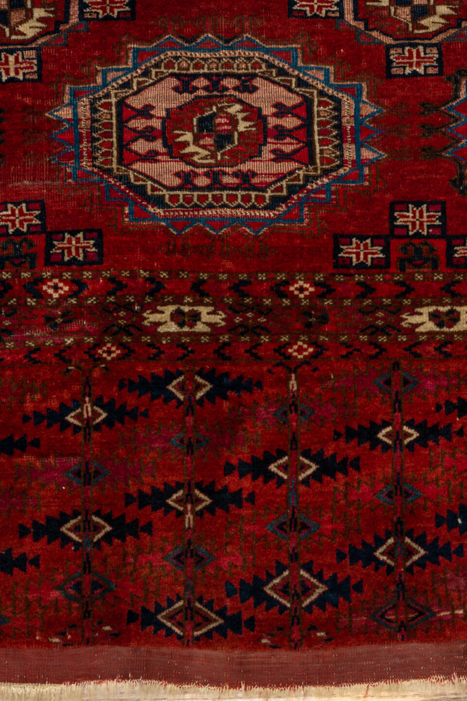 2' x 4' one-of-a-kind handmade vintage Teke small size rug. Color palette: red, burgundy, ivory, navy, rose, brown, black