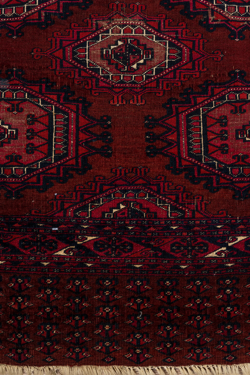2' x 5' one-of-a-kind handmade vintage Teke small size rug. Color palette: burgundy, crimson, rust, ivory, charcoal, rose