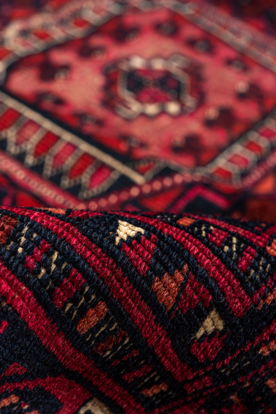 2' x 5' one-of-a-kind handmade vintage Teke small size rug. Color palette: burgundy, crimson, rust, ivory, charcoal, rose