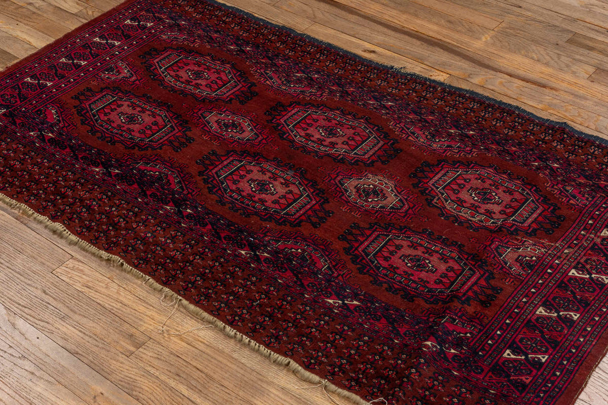 2' x 5' one-of-a-kind handmade vintage Teke small size rug. Color palette: burgundy, crimson, rust, ivory, charcoal, rose