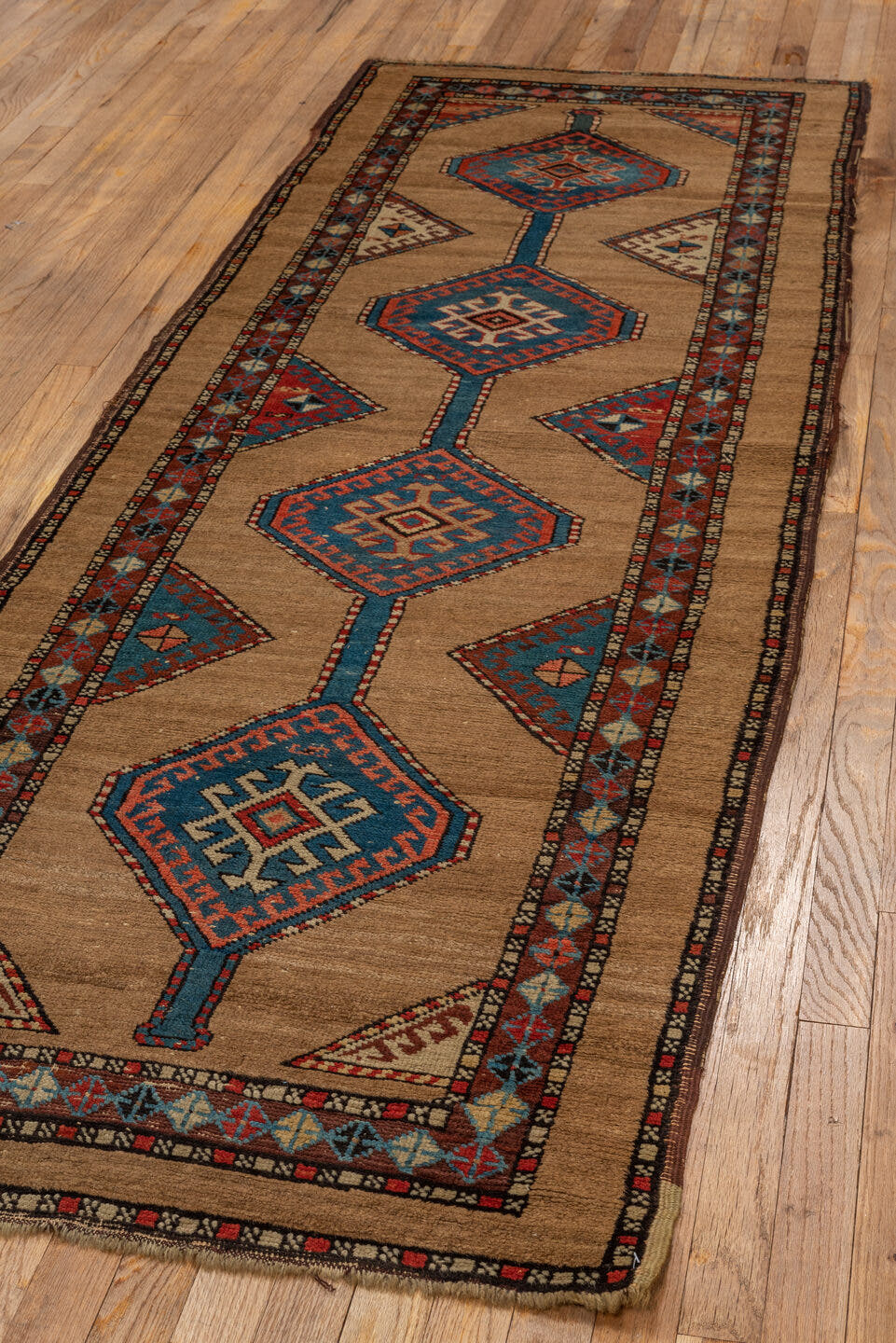 2' x 8' one-of-a-kind handmade vintage Cam Hamadan runner rug. Color palette: camel, turquoise, rust, ivory, brown, navy