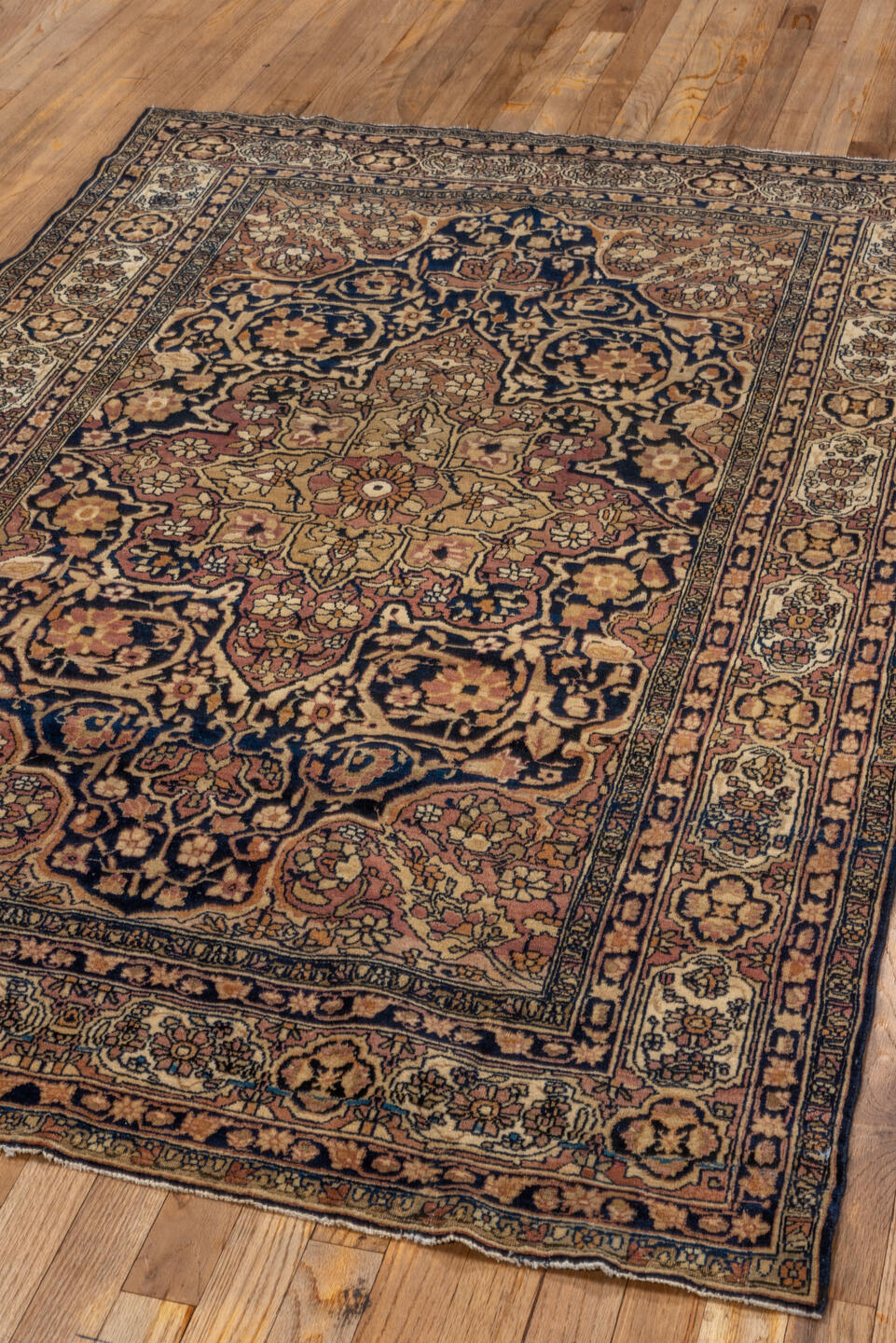 4' x 6' one-of-a-kind handmade vintage Lavar rug. Color palette: navy, ivory, rose, camel, gold, taupe, brown, blue, pink