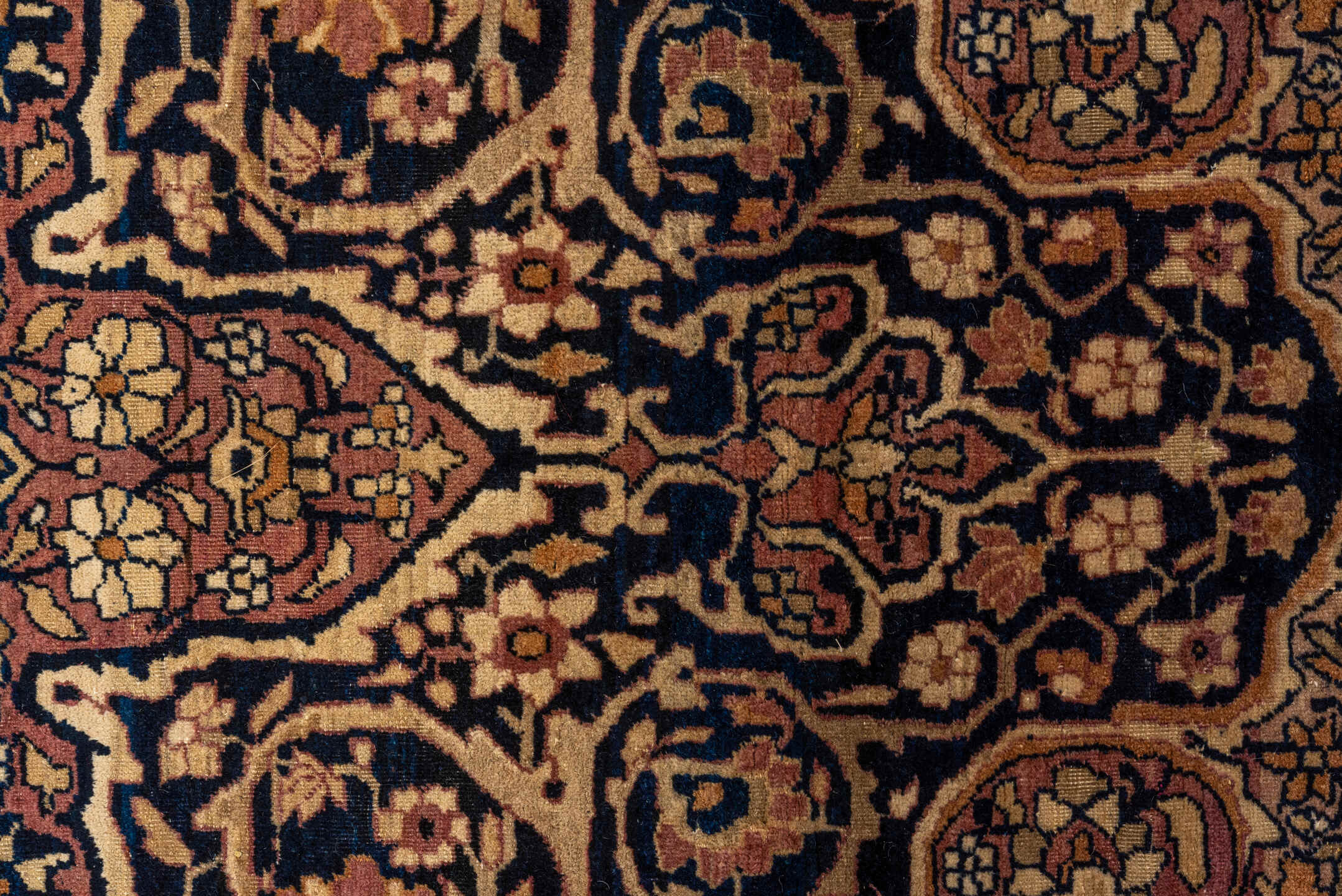 4' x 6' one-of-a-kind handmade vintage Lavar rug. Color palette: navy, ivory, rose, camel, gold, taupe, brown, blue, pink