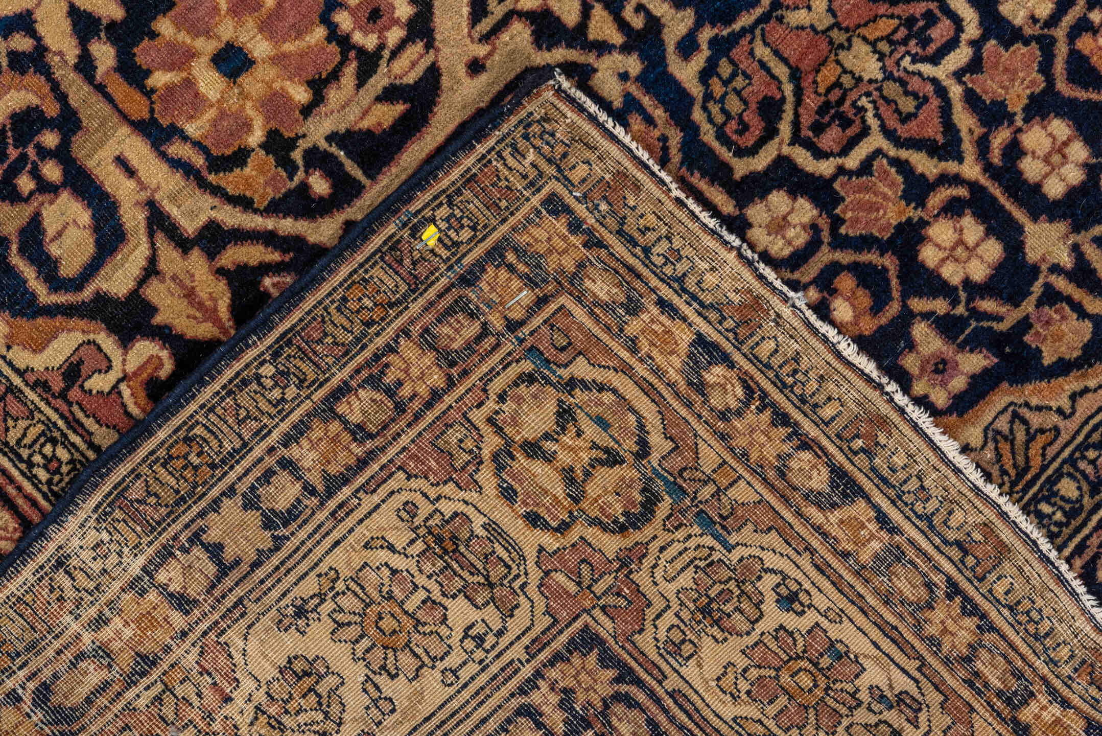 4' x 6' one-of-a-kind handmade vintage Lavar rug. Color palette: navy, ivory, rose, camel, gold, taupe, brown, blue, pink