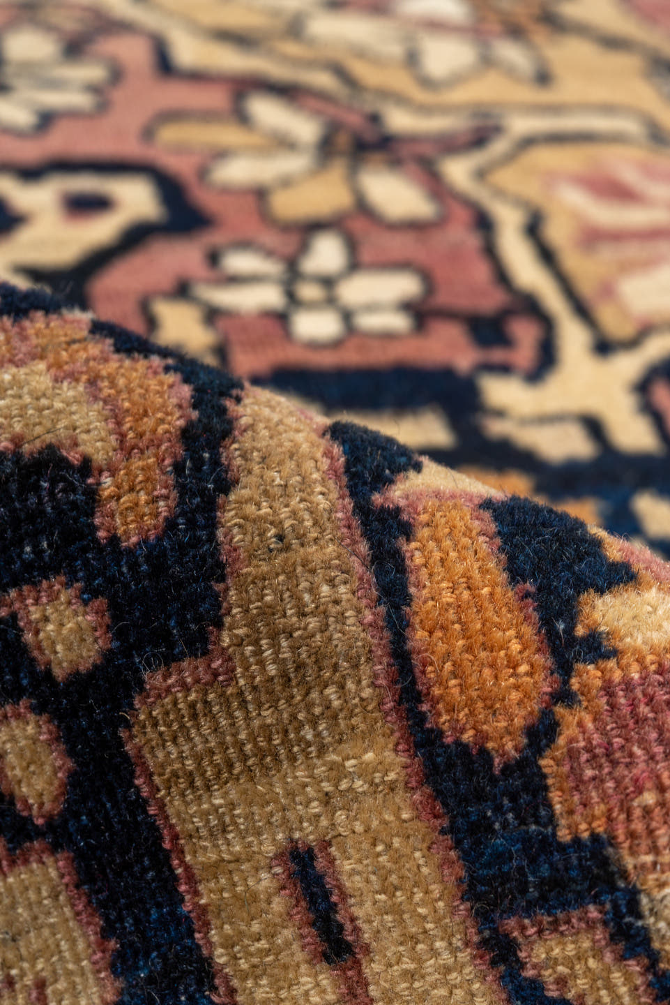 4' x 6' one-of-a-kind handmade vintage Lavar rug. Color palette: navy, ivory, rose, camel, gold, taupe, brown, blue, pink