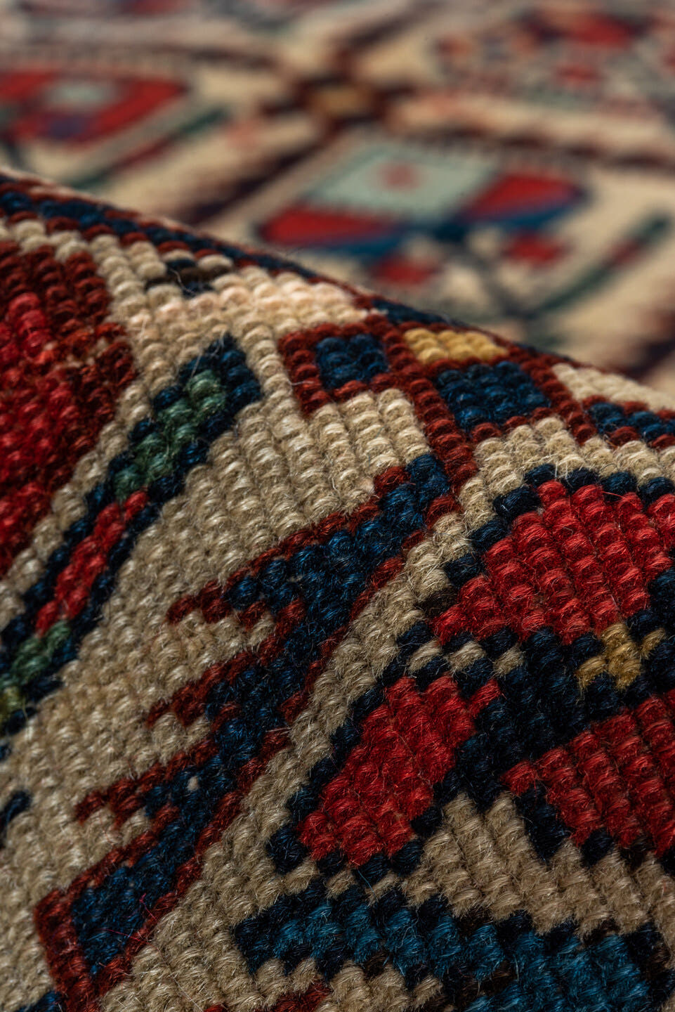 4' x 4' one-of-a-kind handmade vintage Shirvan small size rug. Color palette: ivory, navy, rust, sky blue, crimson, camel