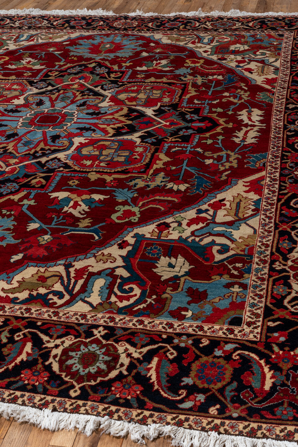 9' x 12' one-of-a-kind handmade vintage Heriz large size rug. Color palette: red, navy, ivory, sky_blue, rust, camel, sage