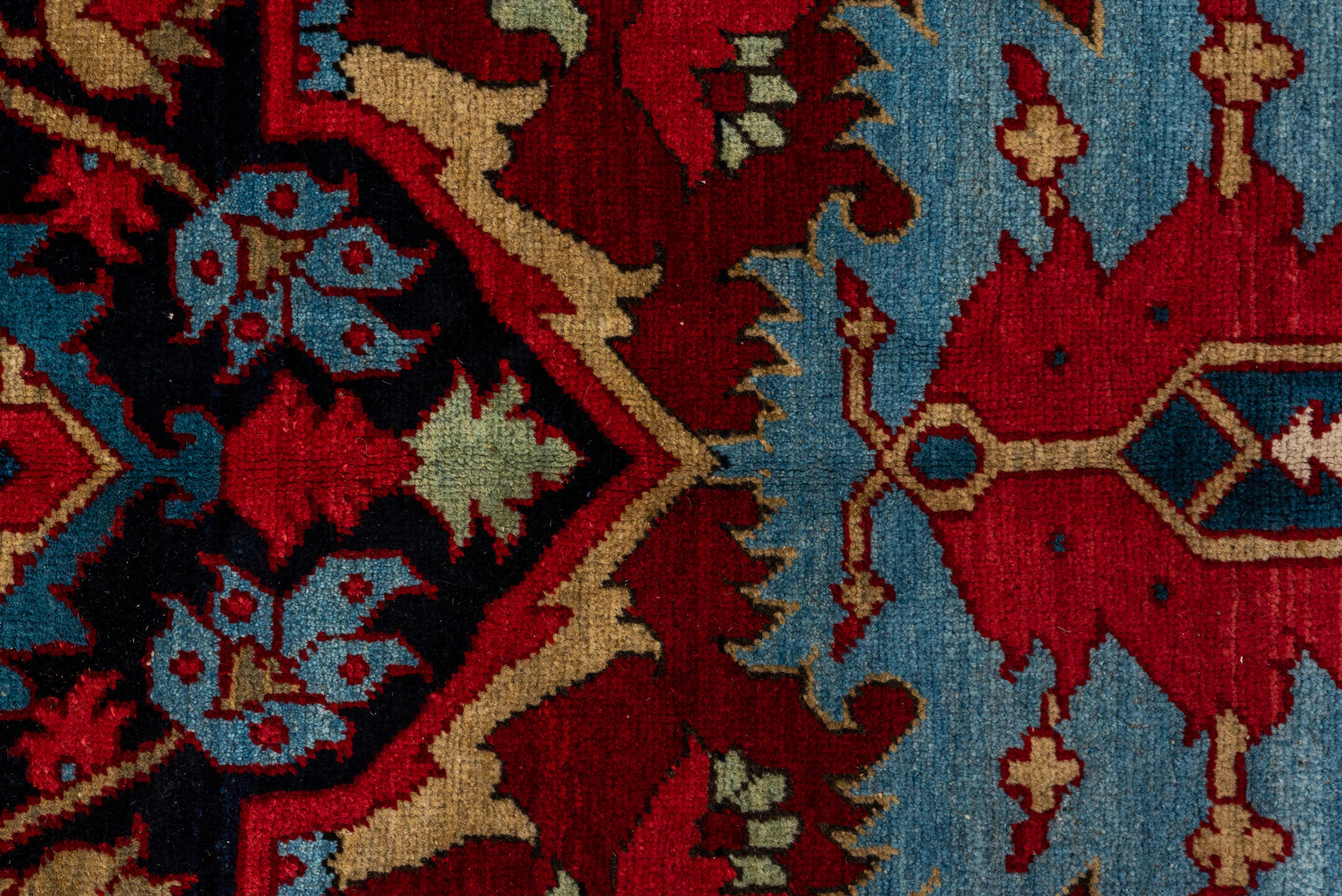 9' x 12' one-of-a-kind handmade vintage Heriz large size rug. Color palette: red, navy, ivory, sky_blue, rust, camel, sage