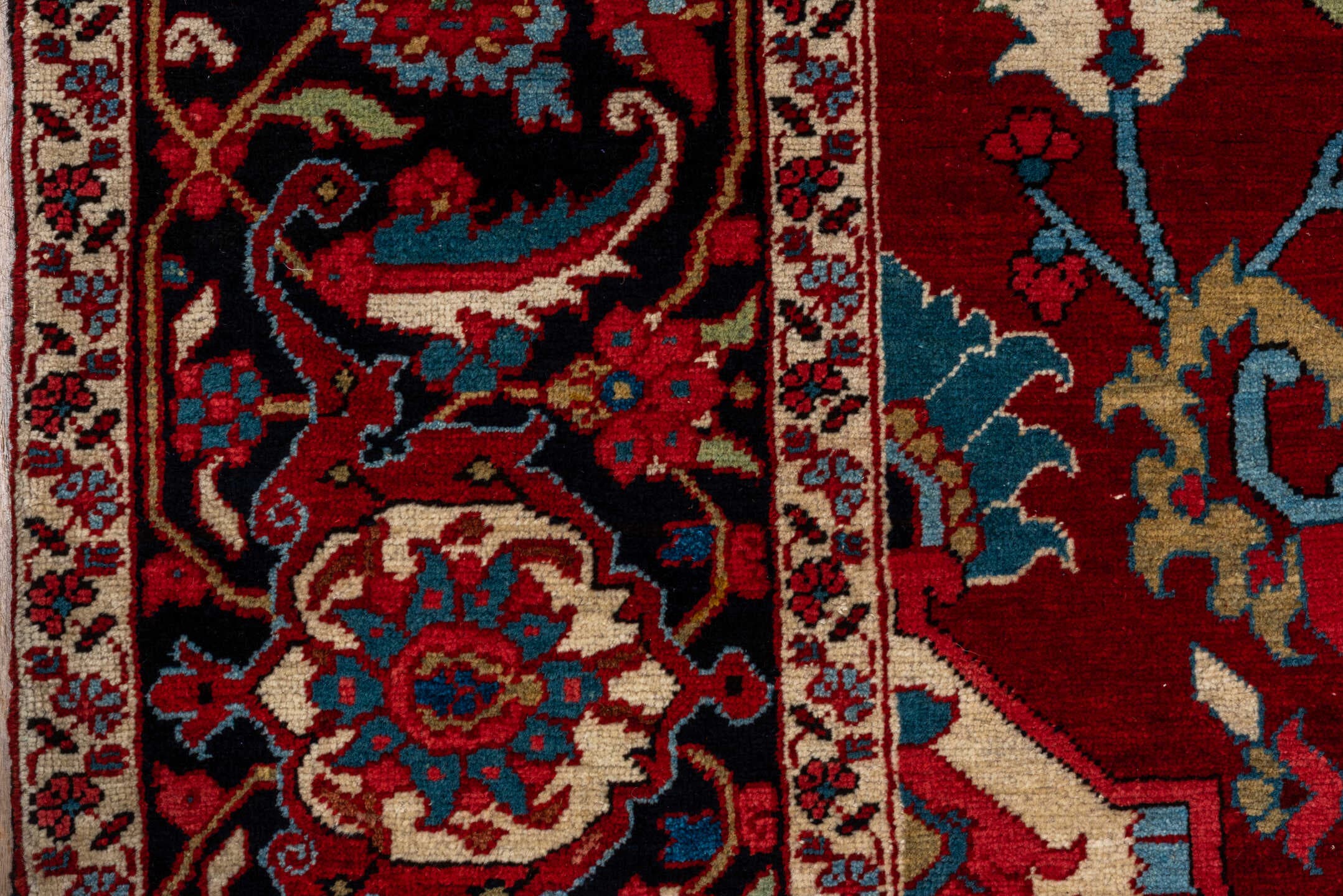 9' x 12' one-of-a-kind handmade vintage Heriz large size rug. Color palette: red, navy, ivory, sky_blue, rust, camel, sage