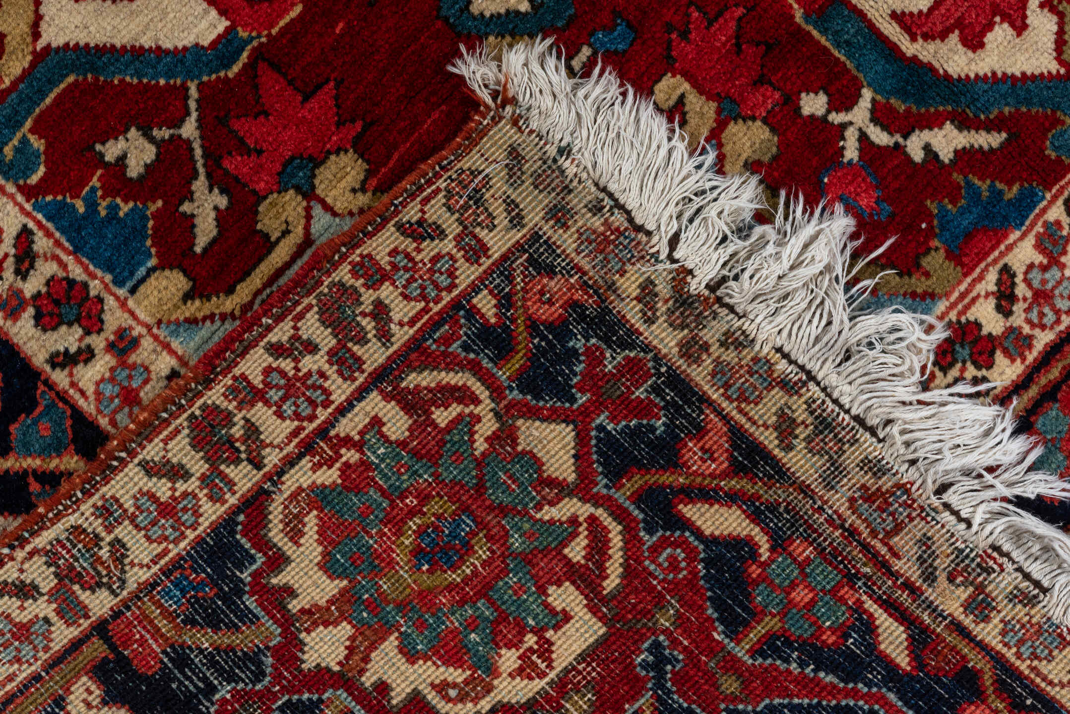 9' x 12' one-of-a-kind handmade vintage Heriz large size rug. Color palette: red, navy, ivory, sky_blue, rust, camel, sage