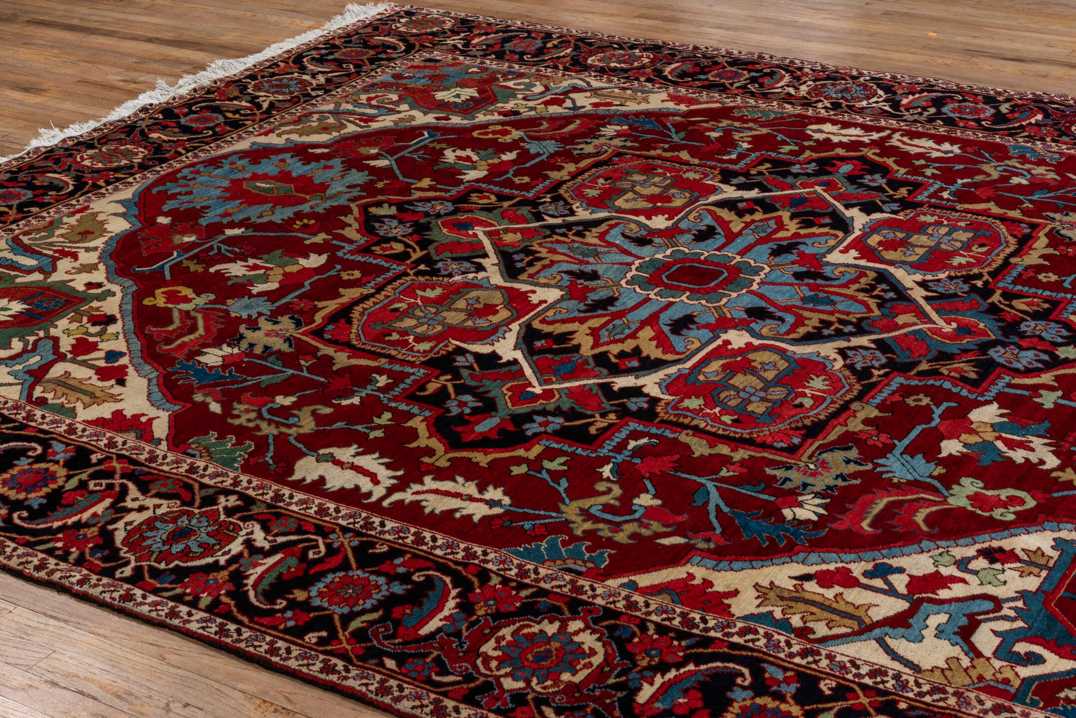 9' x 12' one-of-a-kind handmade vintage Heriz large size rug. Color palette: red, navy, ivory, sky_blue, rust, camel, sage