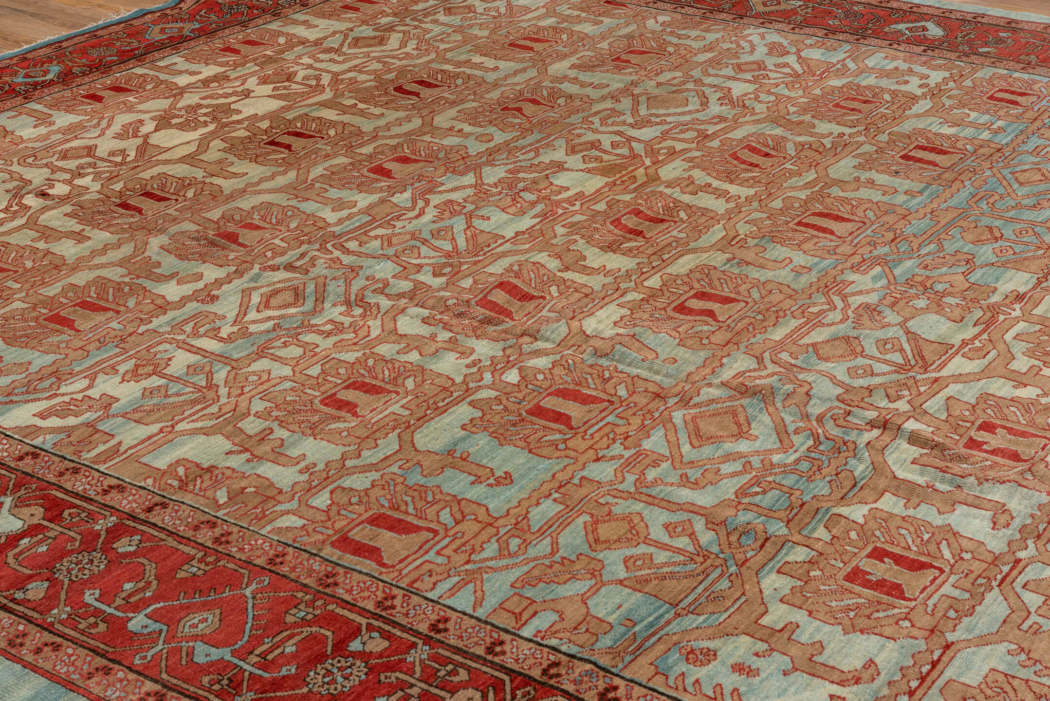 12' x 14' one-of-a-kind handmade vintage Bakhshayesh oversize rug. Color palette: ivory, rust, light blue, terracotta