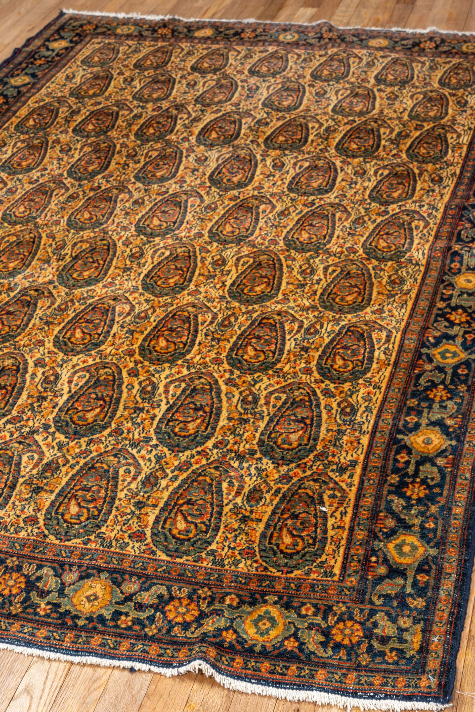 5' x 8' one-of-a-kind handmade vintage Senne medium size rug. Color palette: camel, navy, rust, ivory, gold, terra cotta