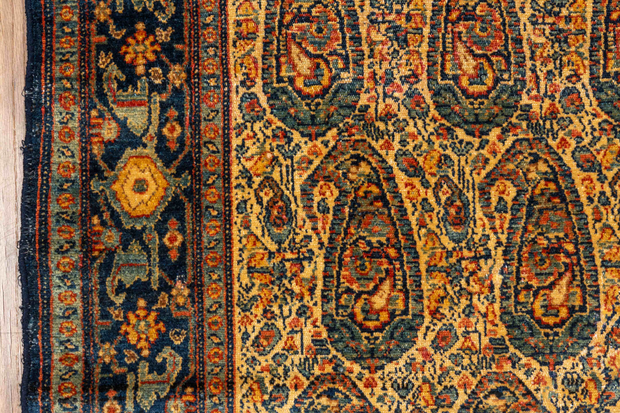 5' x 8' one-of-a-kind handmade vintage Senne medium size rug. Color palette: camel, navy, rust, ivory, gold, terra cotta