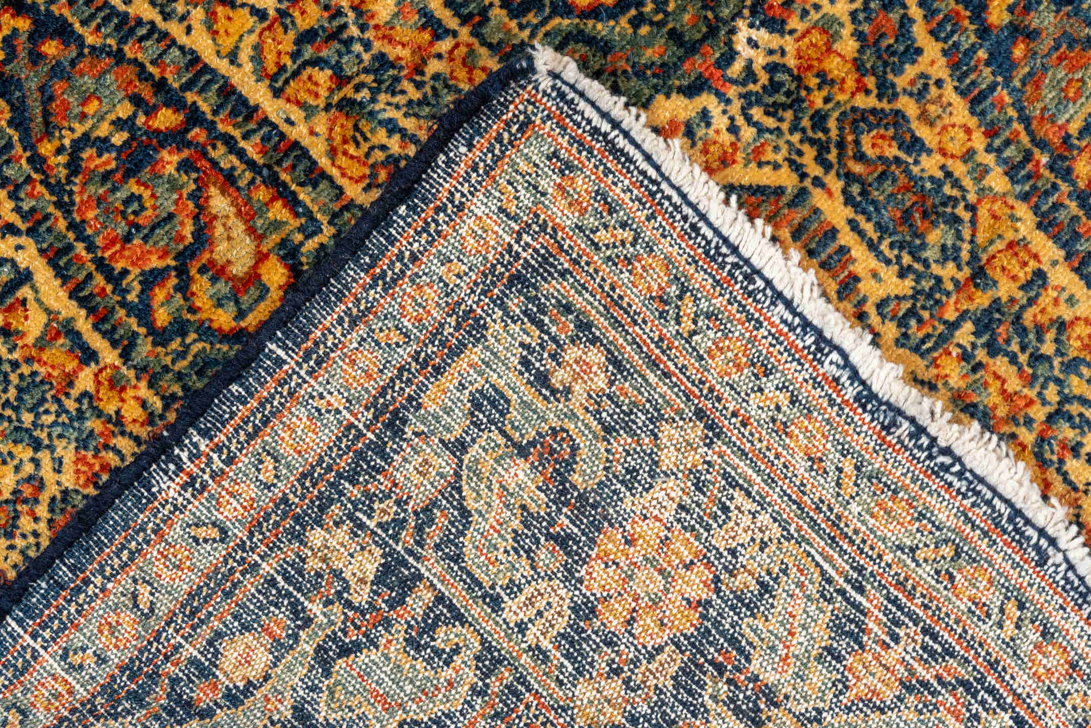 5' x 8' one-of-a-kind handmade vintage Senne medium size rug. Color palette: camel, navy, rust, ivory, gold, terra cotta