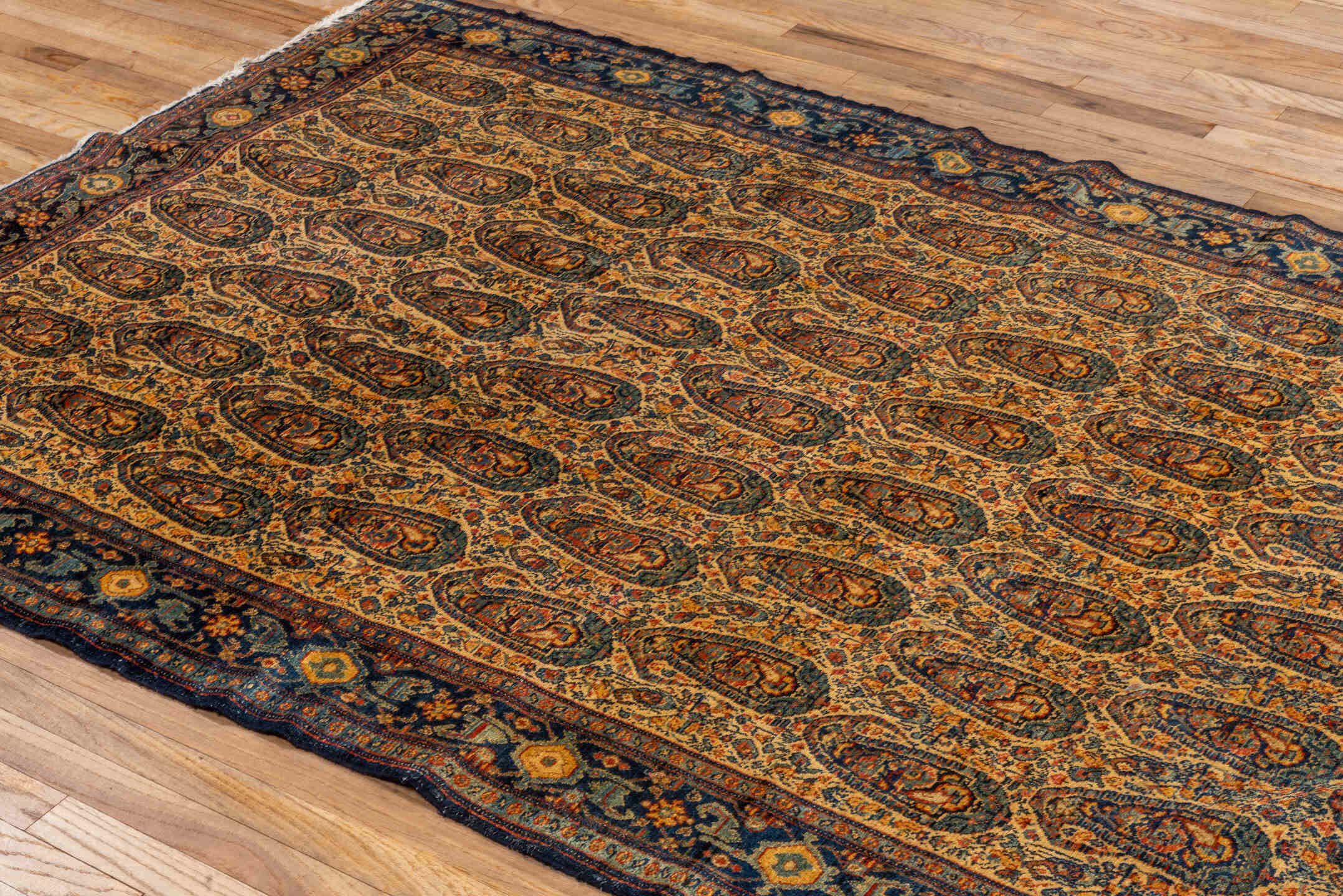5' x 8' one-of-a-kind handmade vintage Senne medium size rug. Color palette: camel, navy, rust, ivory, gold, terra cotta