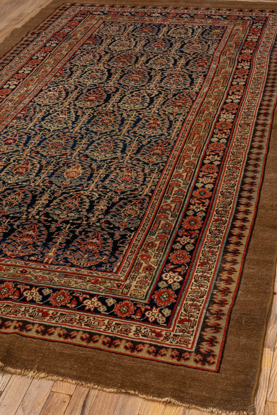 5' x 10' one-of-a-kind handmade vintage Cam Hamadan medium size rug. Color palette: camel, navy, rust, ivory, rose, brown