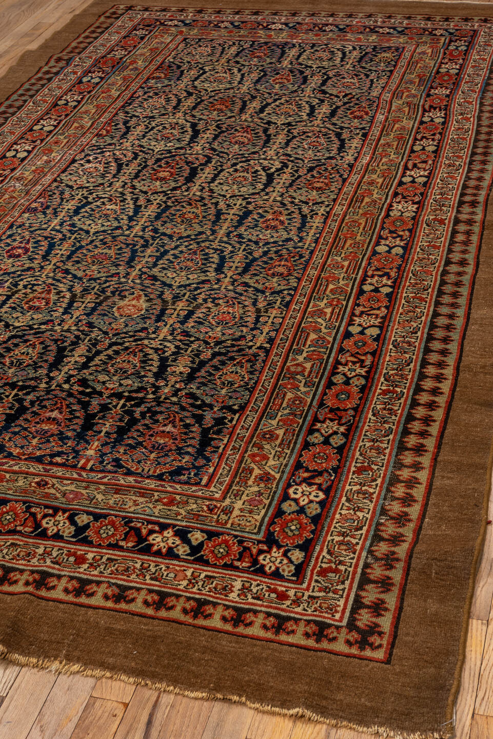5' x 10' one-of-a-kind handmade vintage Cam Hamadan medium size rug. Color palette: camel, navy, rust, ivory, rose, brown