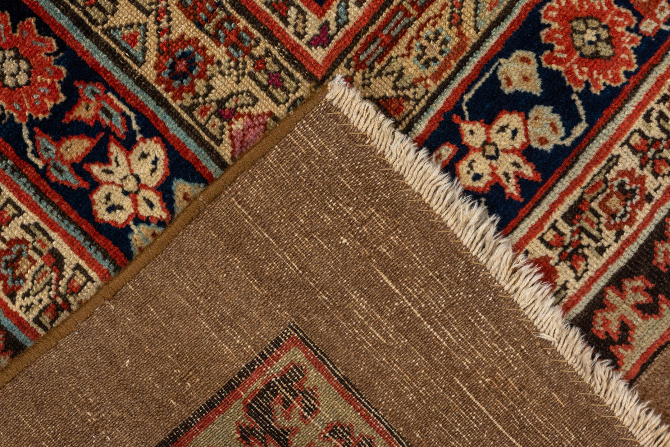 5' x 10' one-of-a-kind handmade vintage Cam Hamadan medium size rug. Color palette: camel, navy, rust, ivory, rose, brown