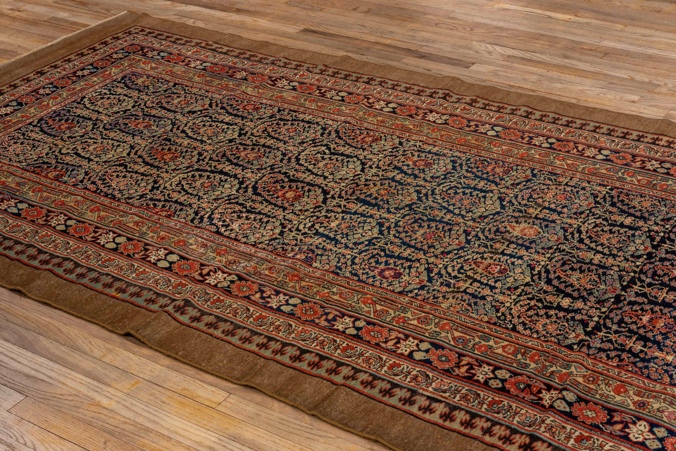 5' x 10' one-of-a-kind handmade vintage Cam Hamadan medium size rug. Color palette: camel, navy, rust, ivory, rose, brown