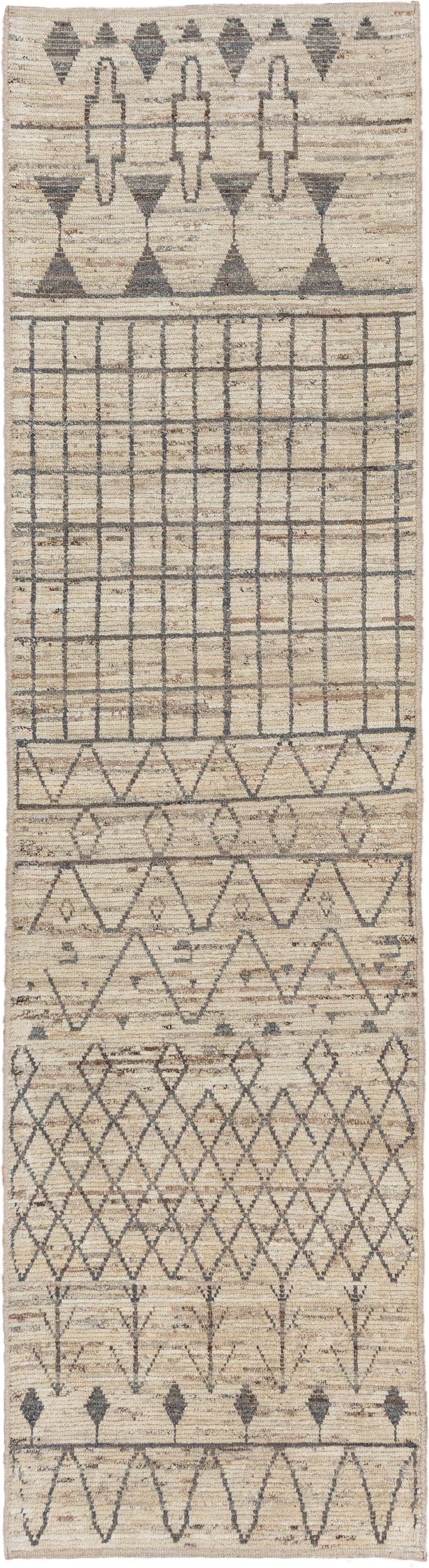 3' x 11' one-of-a-kind handmade vintage Tulu runner rug. Color palette: ivory, charcoal, taupe, beige, gray, black