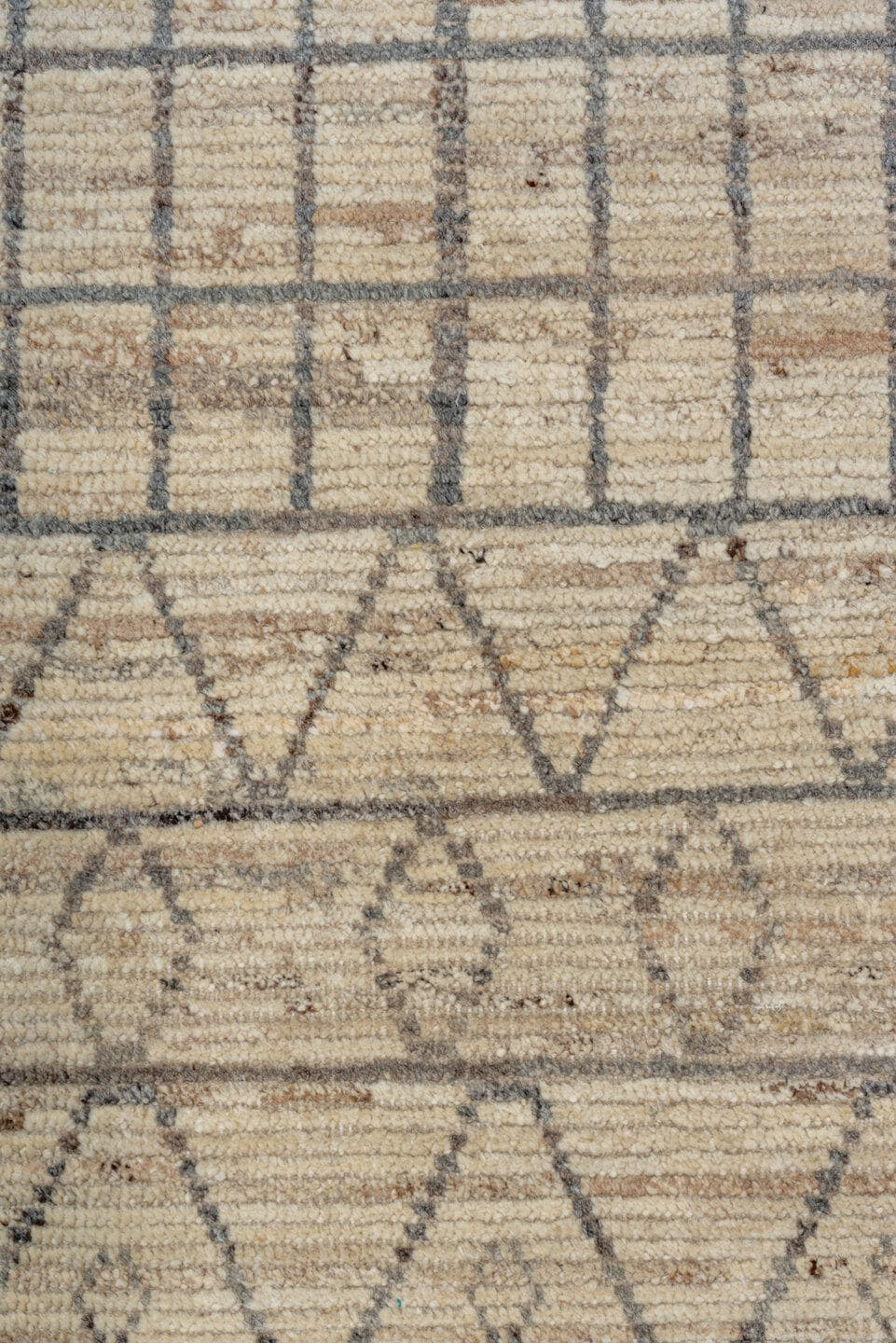 3' x 11' one-of-a-kind handmade vintage Tulu runner rug. Color palette: ivory, charcoal, taupe, beige, gray, black