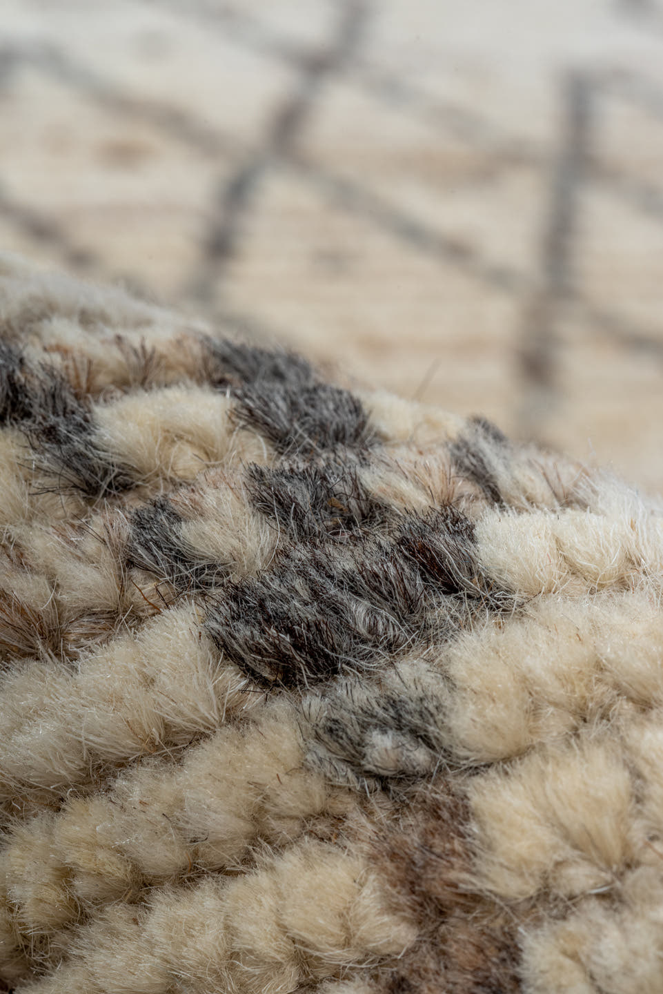 3' x 11' one-of-a-kind handmade vintage Tulu runner rug. Color palette: ivory, charcoal, taupe, beige, gray, black