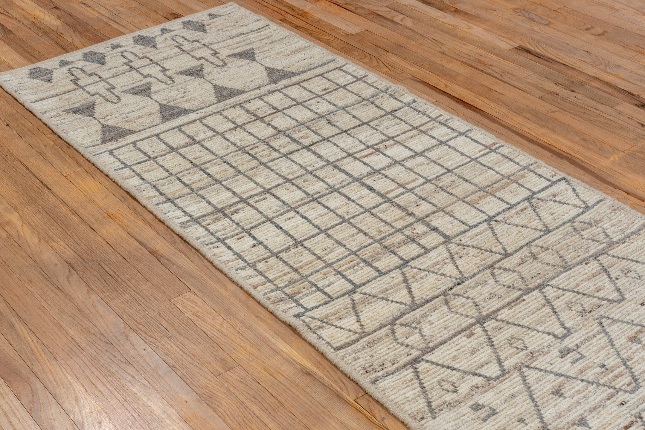 3' x 11' one-of-a-kind handmade vintage Tulu runner rug. Color palette: ivory, charcoal, taupe, beige, gray, black