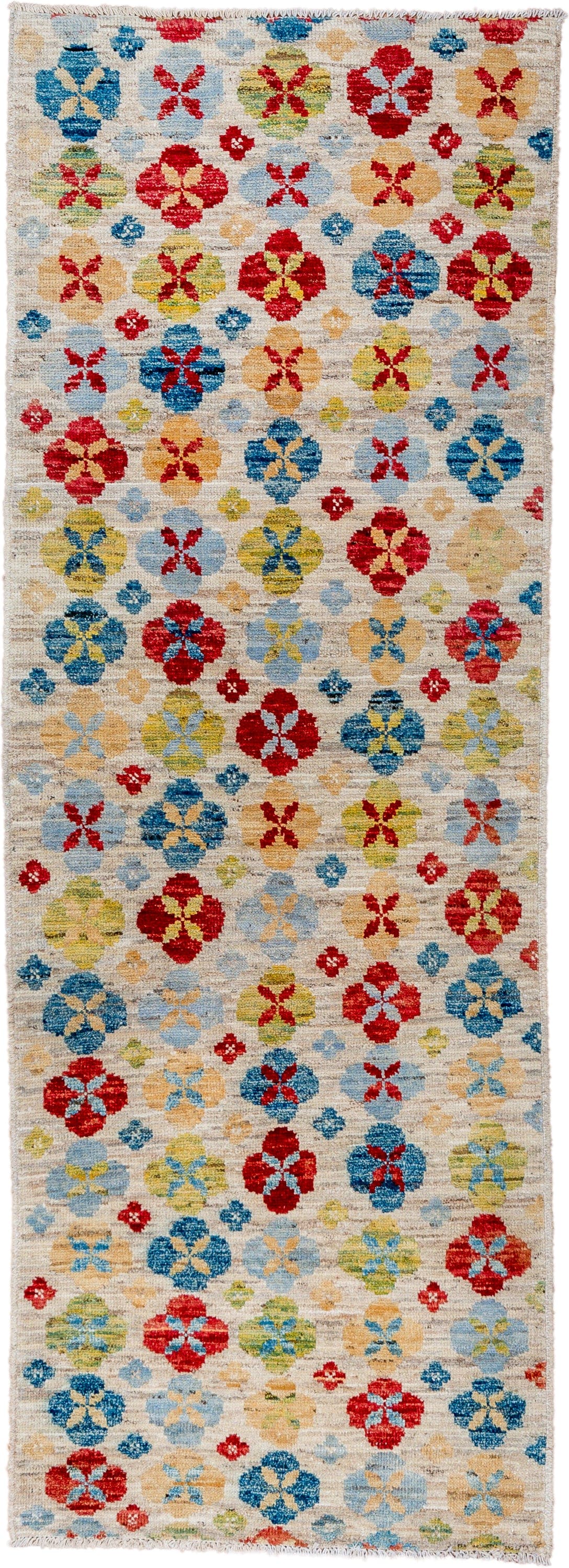 2' x 7' one-of-a-kind handmade vintage Tulu runner rug. Color palette: ivory, red, sky blue, gold, sage, camel, light blue