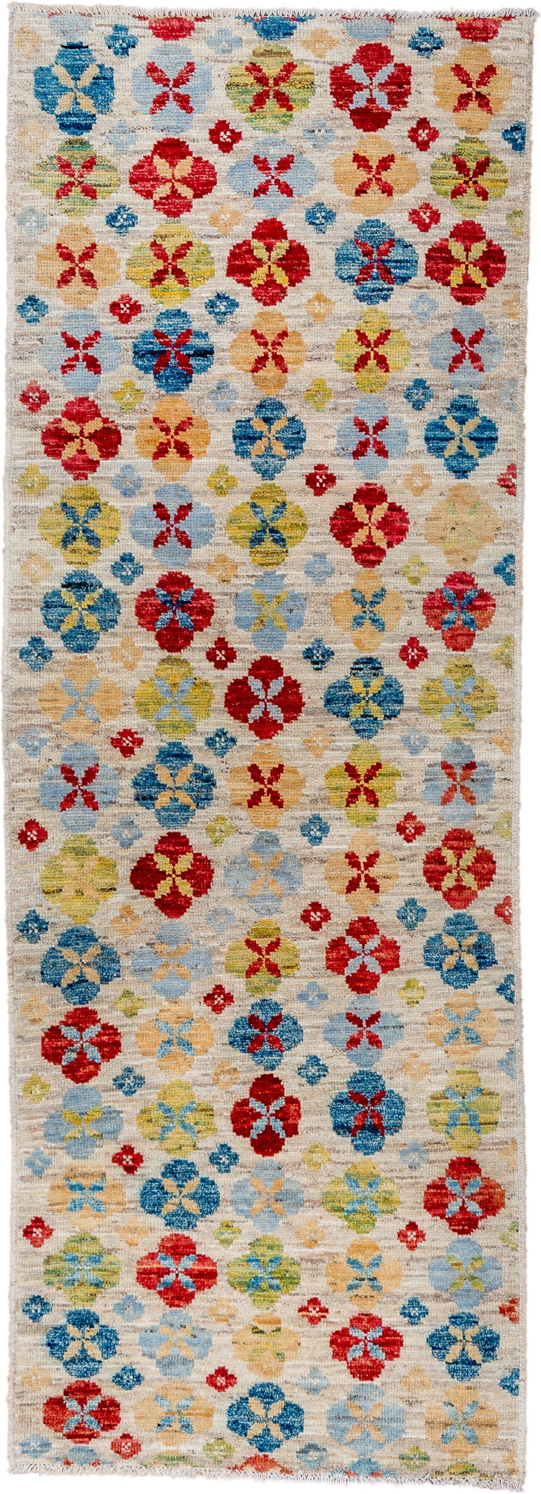 2' x 7' one-of-a-kind handmade vintage Tulu runner rug. Color palette: ivory, red, sky blue, gold, sage, camel, light blue
