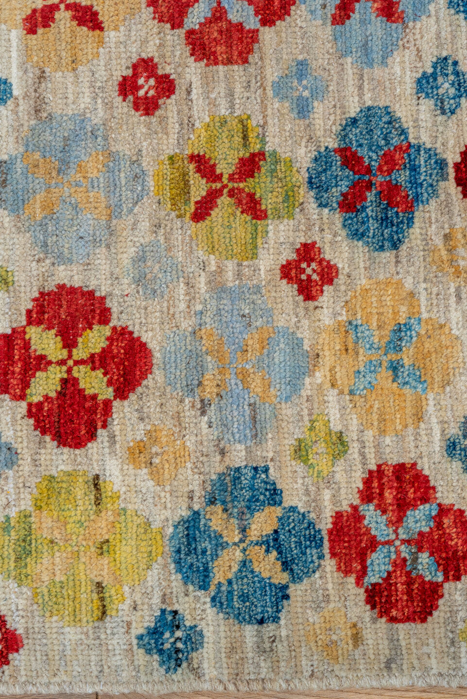 2' x 7' one-of-a-kind handmade vintage Tulu runner rug. Color palette: ivory, red, sky blue, gold, sage, camel, light blue