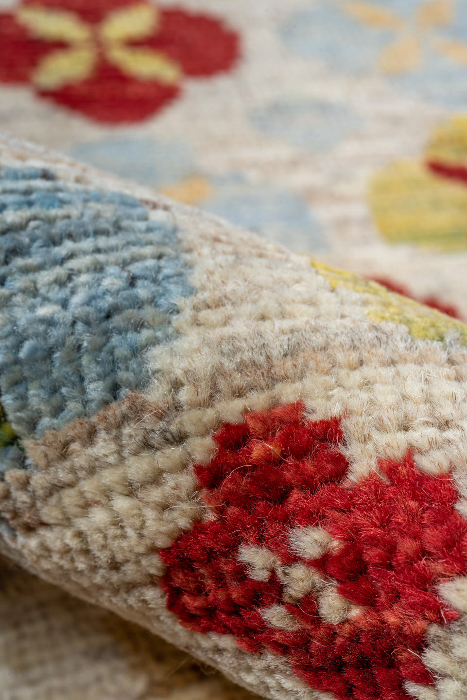 2' x 7' one-of-a-kind handmade vintage Tulu runner rug. Color palette: ivory, red, sky blue, gold, sage, camel, light blue