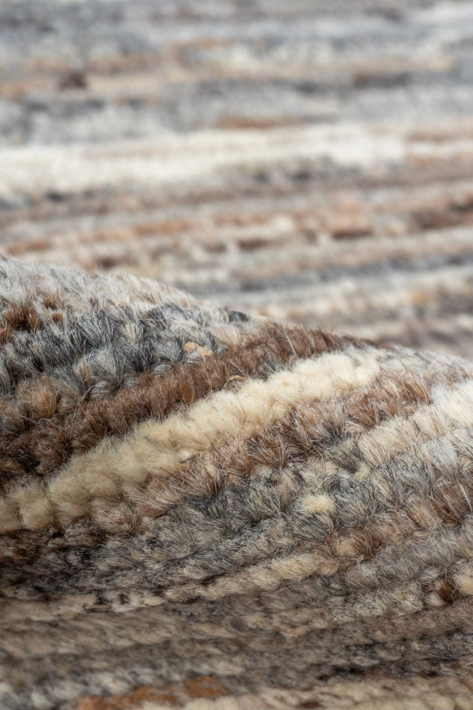 3' x 9' one-of-a-kind handmade vintage Tulu runner rug. Color palette: brown, gray, light gray, off-white