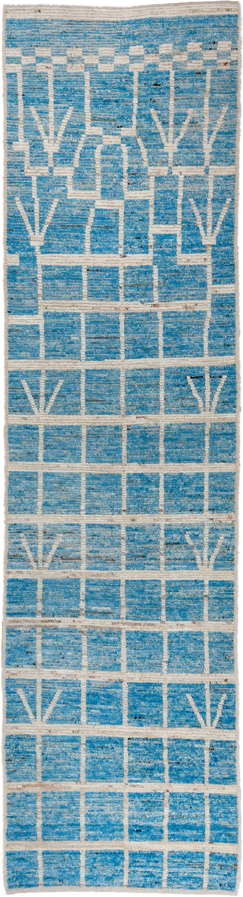 3' x 11' one-of-a-kind handmade vintage Tulu runner rug. Color palette: sky blue, ivory, cream, taupe, charcoal, light blue