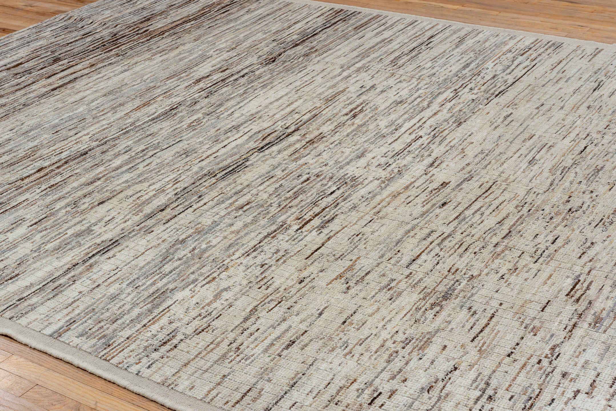 9' x 11' one-of-a-kind handmade vintage Tulu large size rug. Color palette: ivory, taupe, brown, gray, charcoal, beige