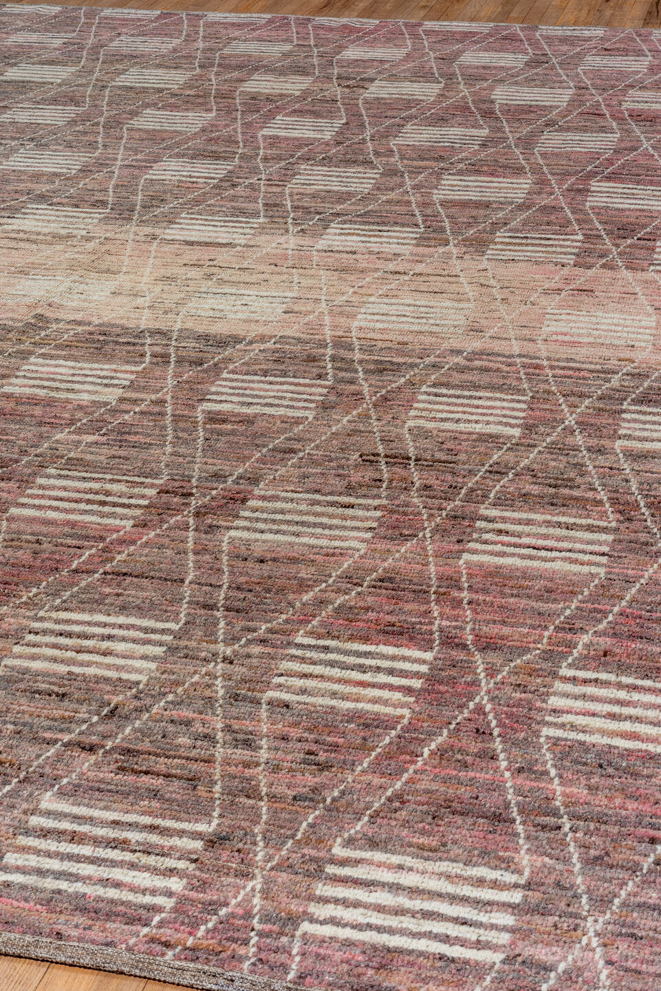 12' x 14' one-of-a-kind handmade vintage Tulu oversize rug. Color palette: rose, taupe, ivory, mauve, dusty pink, brown