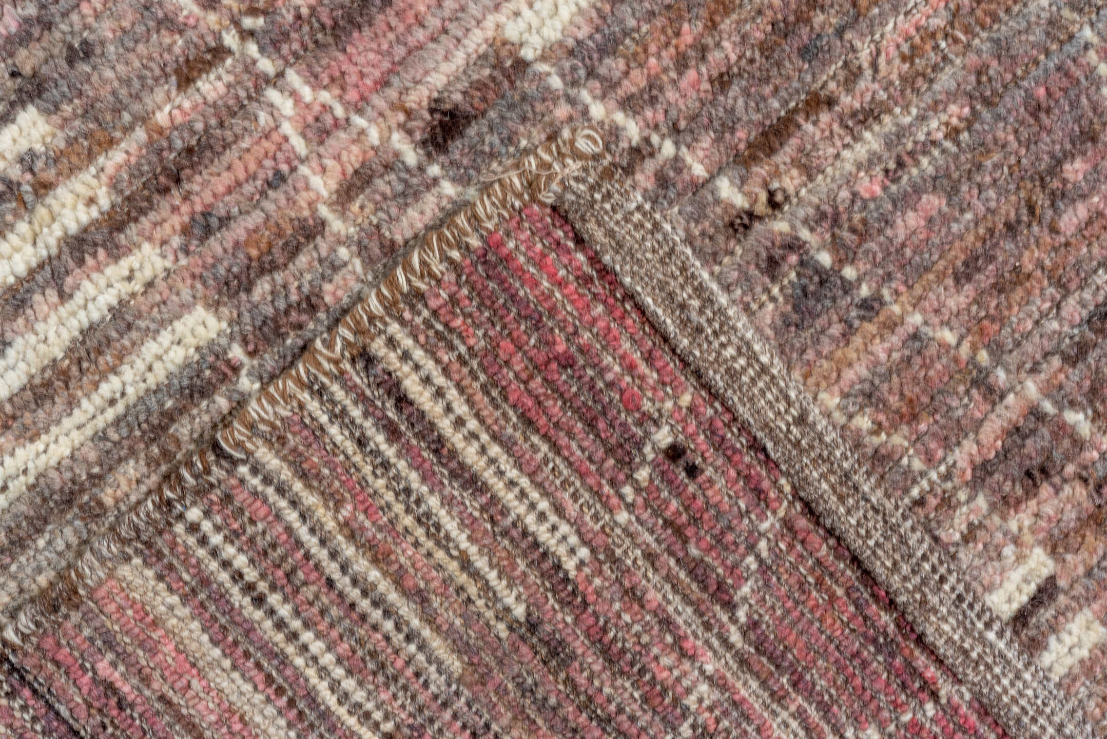 12' x 14' one-of-a-kind handmade vintage Tulu oversize rug. Color palette: brown, gray, light gray, off-white, orange, pink