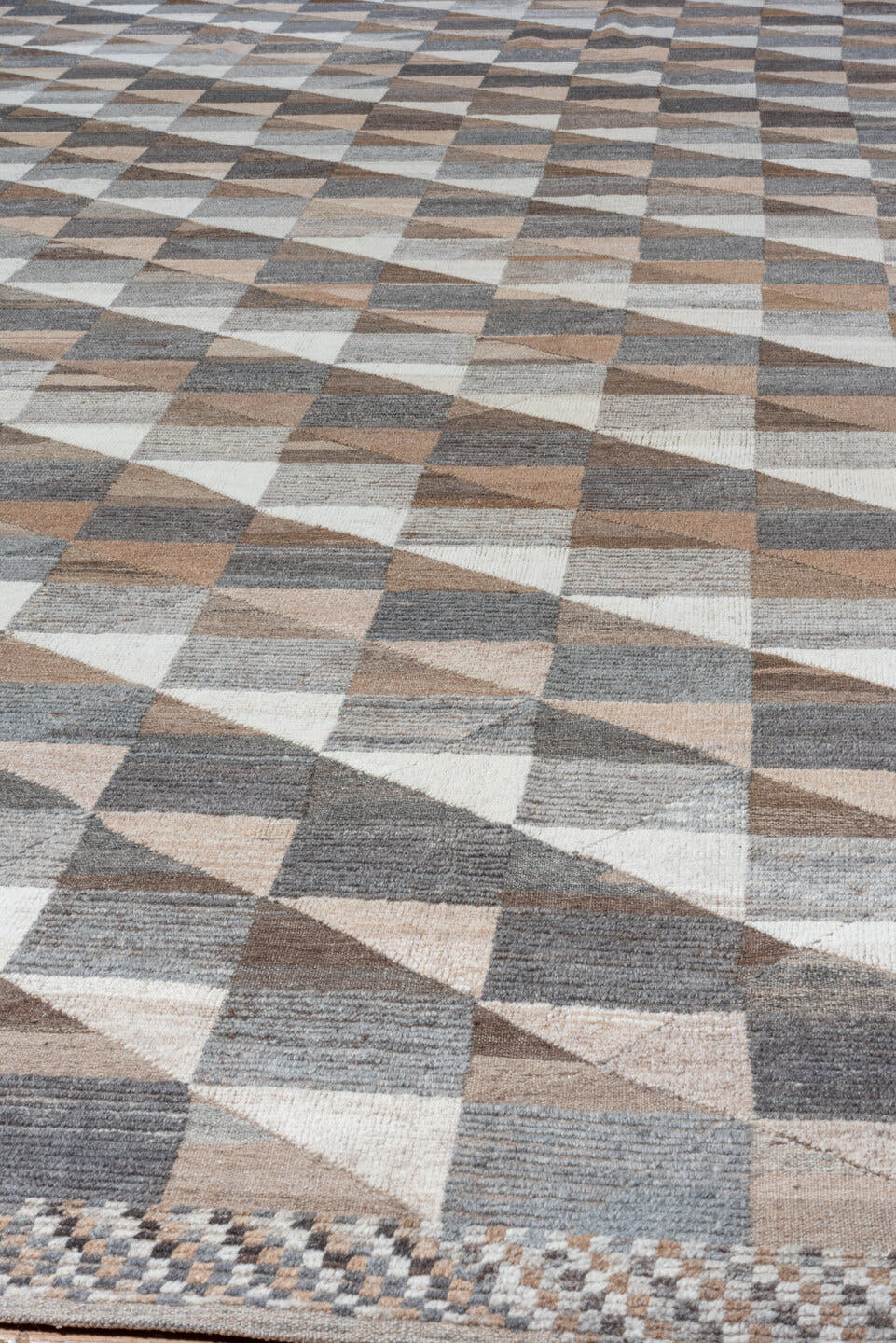 13' x 20' one-of-a-kind handmade vintage Tulu oversize rug. Color palette: taupe, ivory, slate, camel, gray, beige, charcoal