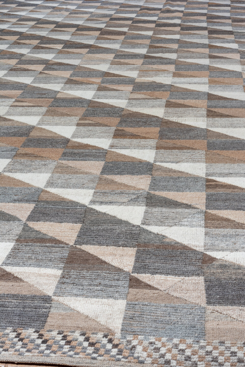 13' x 20' one-of-a-kind handmade vintage Tulu oversize rug. Color palette: taupe, ivory, slate, camel, gray, beige, charcoal