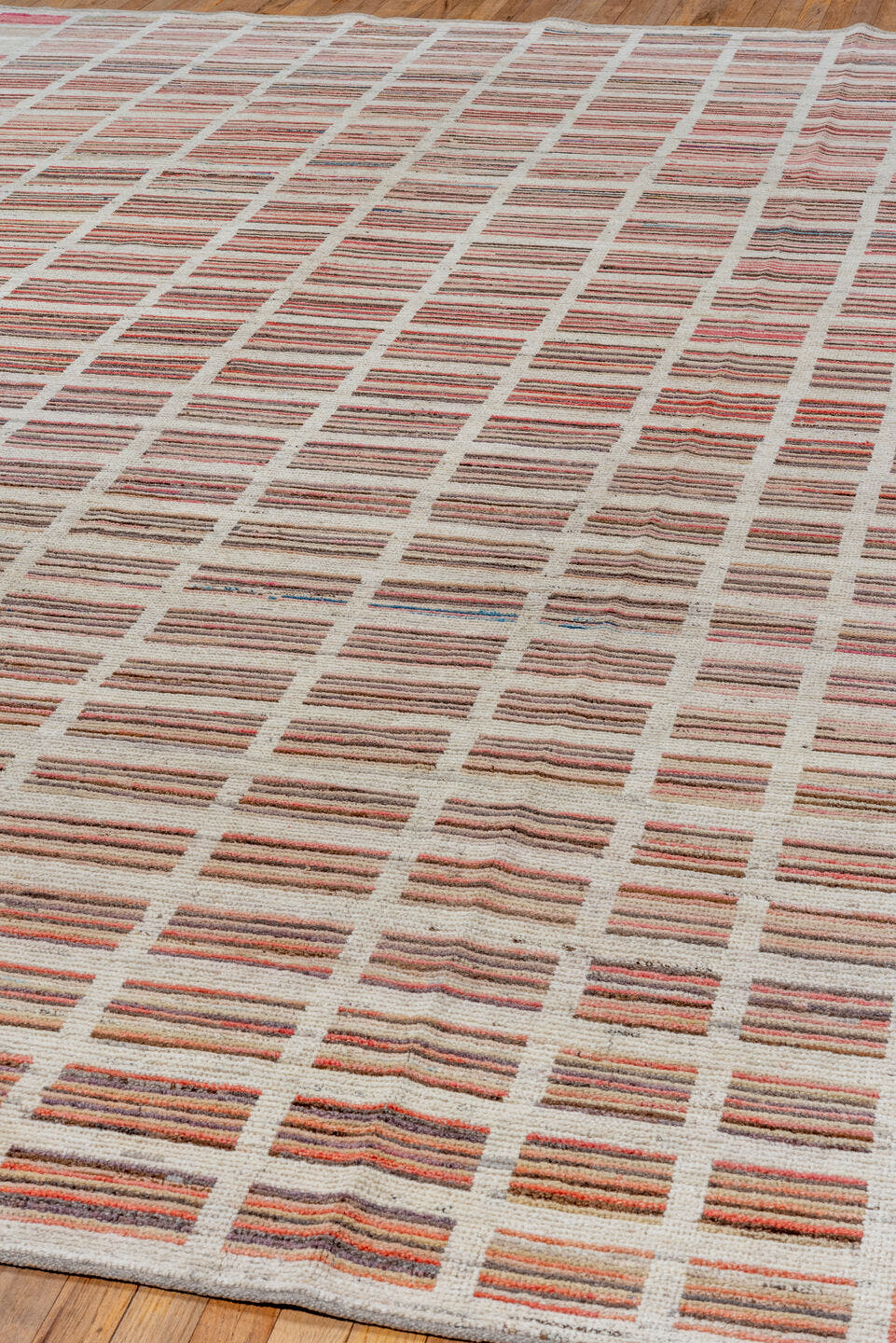 9' x 12' one-of-a-kind handmade vintage Tulu large size rug. Color palette: ivory, rose, charcoal, taupe, blush, brown