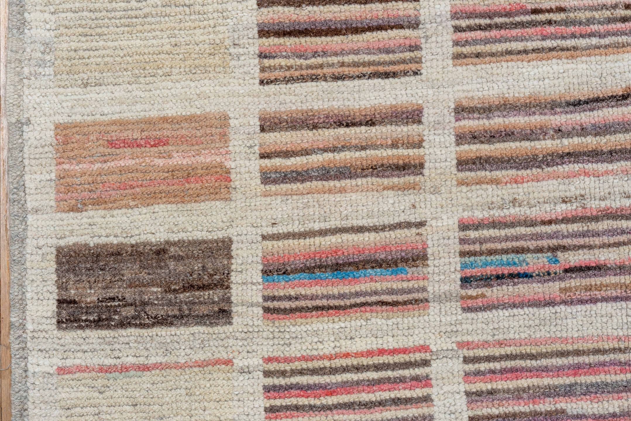 9' x 12' one-of-a-kind handmade vintage Tulu large size rug. Color palette: ivory, rose, charcoal, taupe, blush, brown