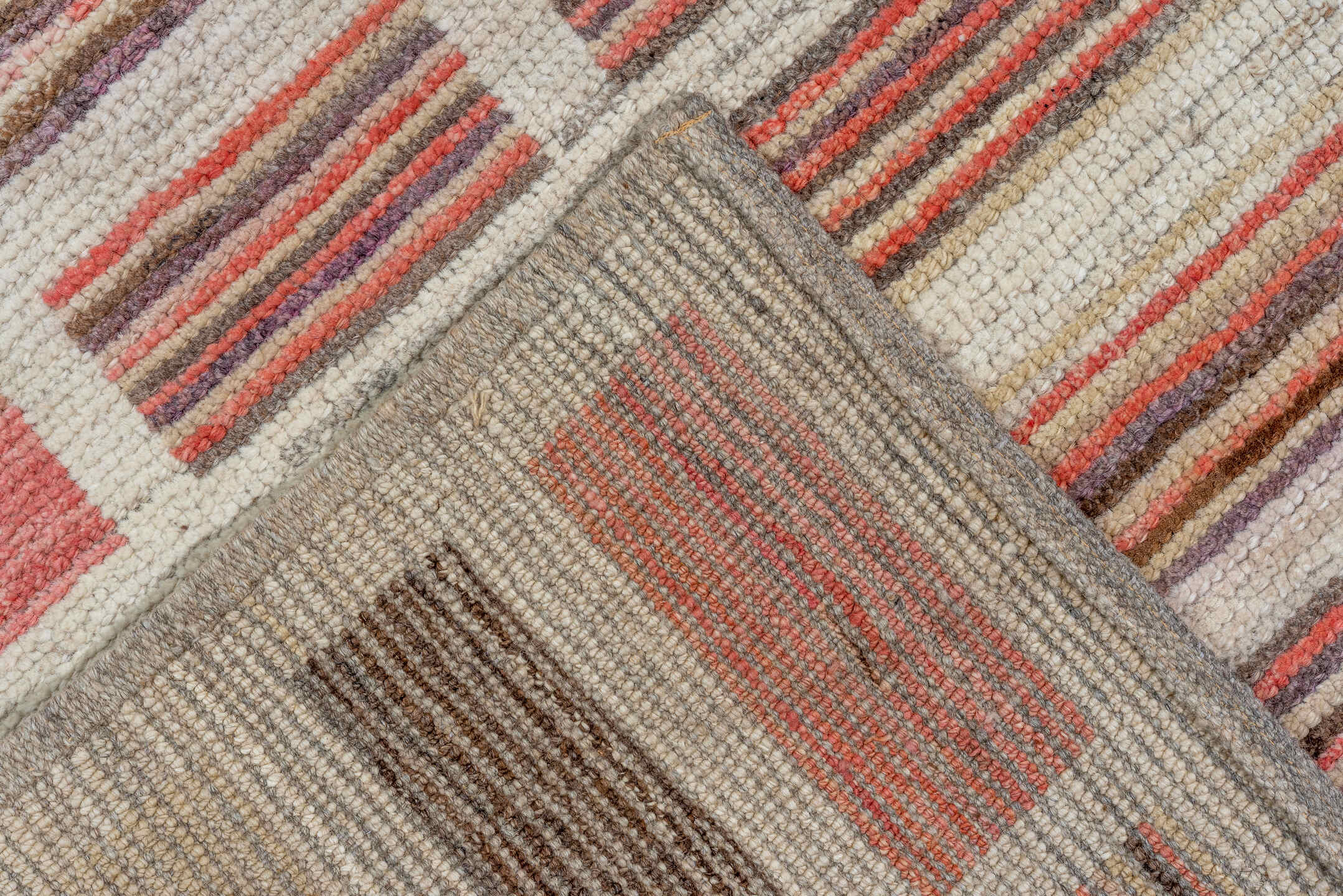 9' x 12' one-of-a-kind handmade vintage Tulu large size rug. Color palette: ivory, rose, charcoal, taupe, blush, brown