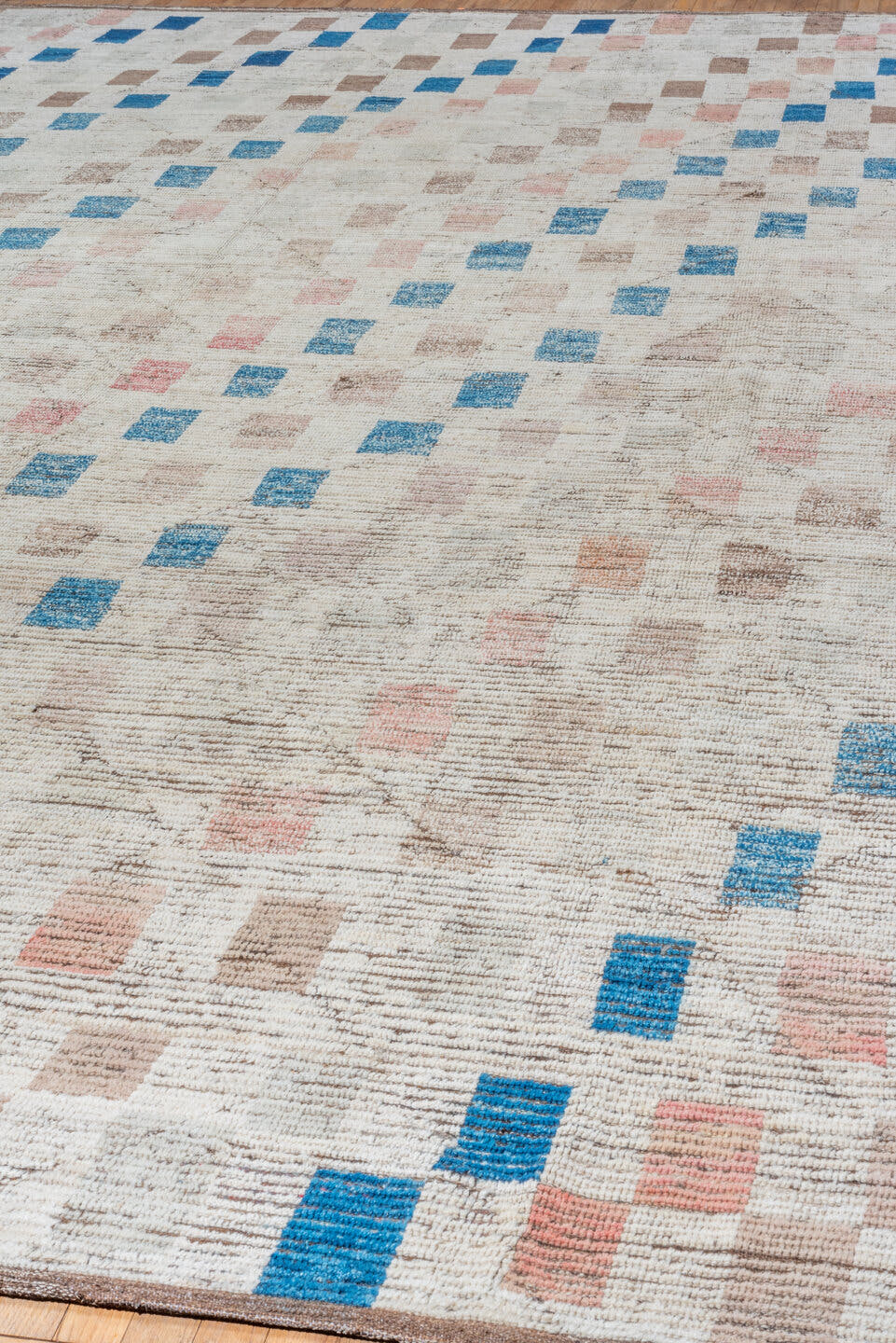 13' x 16' one-of-a-kind handmade vintage Tulu oversize rug. Color palette: ivory, sky_blue, taupe, blush, brown, light blue