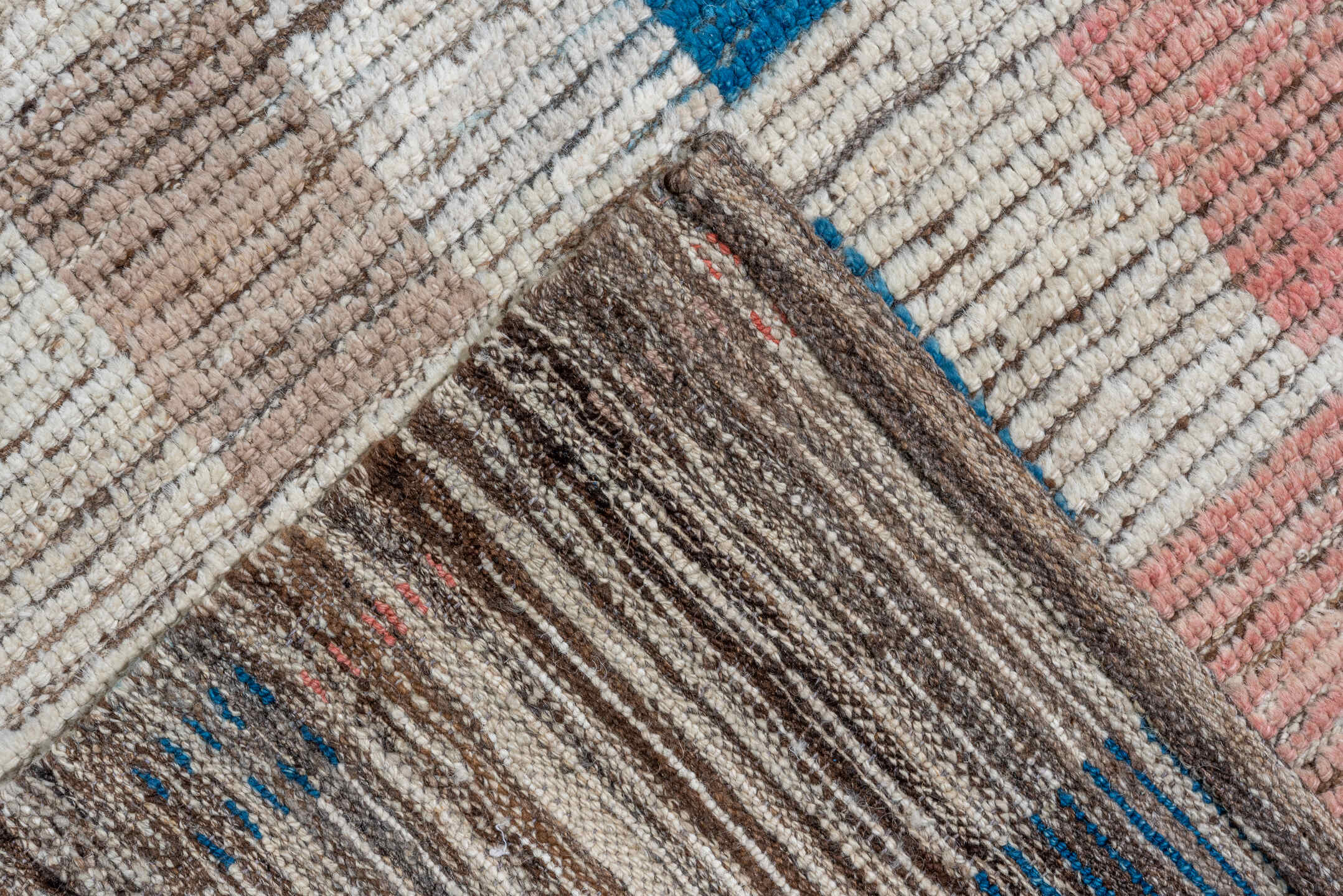 13' x 16' one-of-a-kind handmade vintage Tulu oversize rug. Color palette: ivory, sky_blue, taupe, blush, brown, light blue