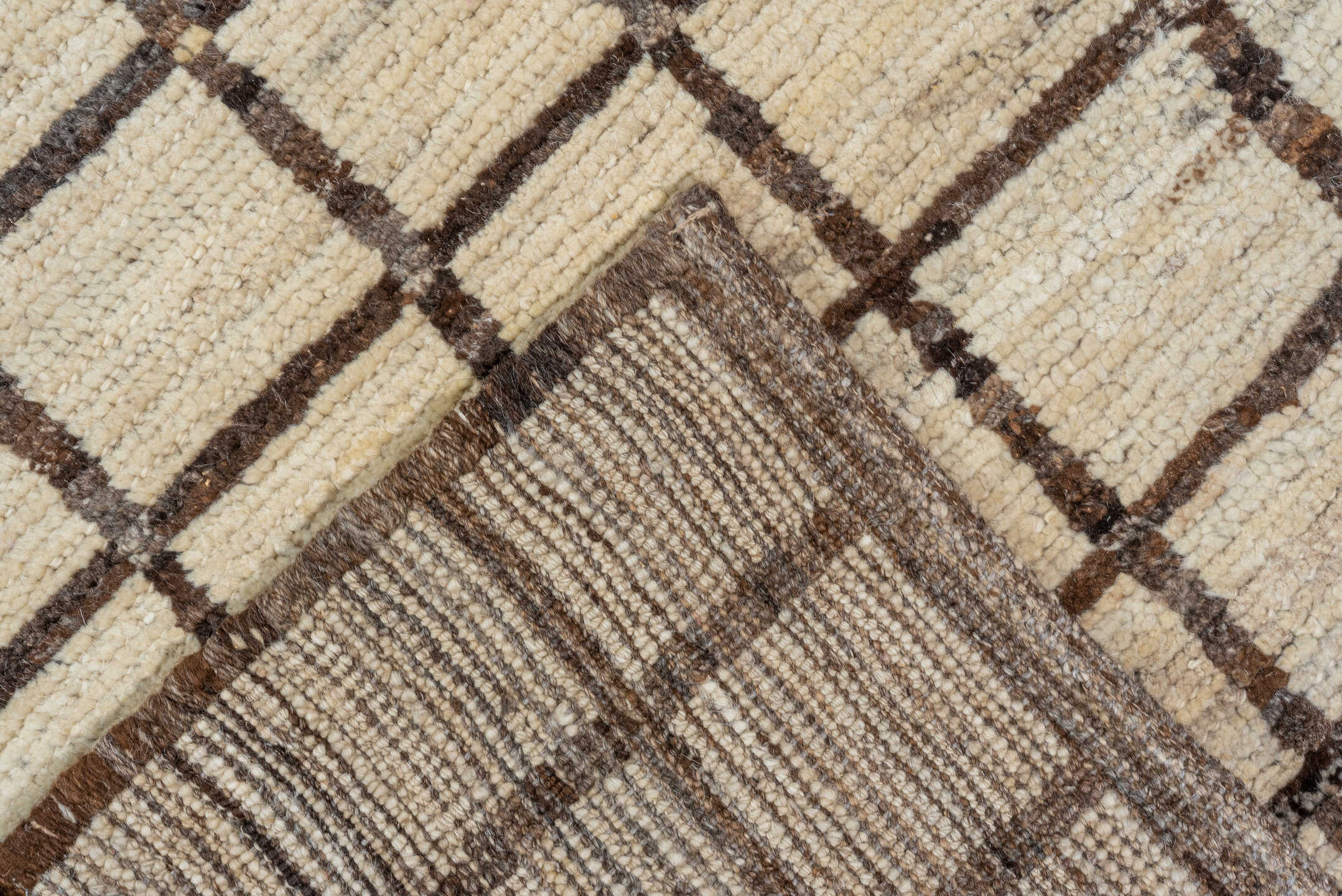 3' x 11' one-of-a-kind handmade vintage Tulu runner rug. Color palette: brown, gray, light gray, off-white, orange, snow