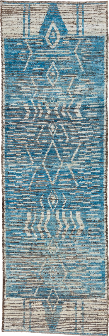 3' x 9' one-of-a-kind handmade vintage Tulu runner rug. Color palette: arapawa, black, blue, charcoal, dark gray, gray