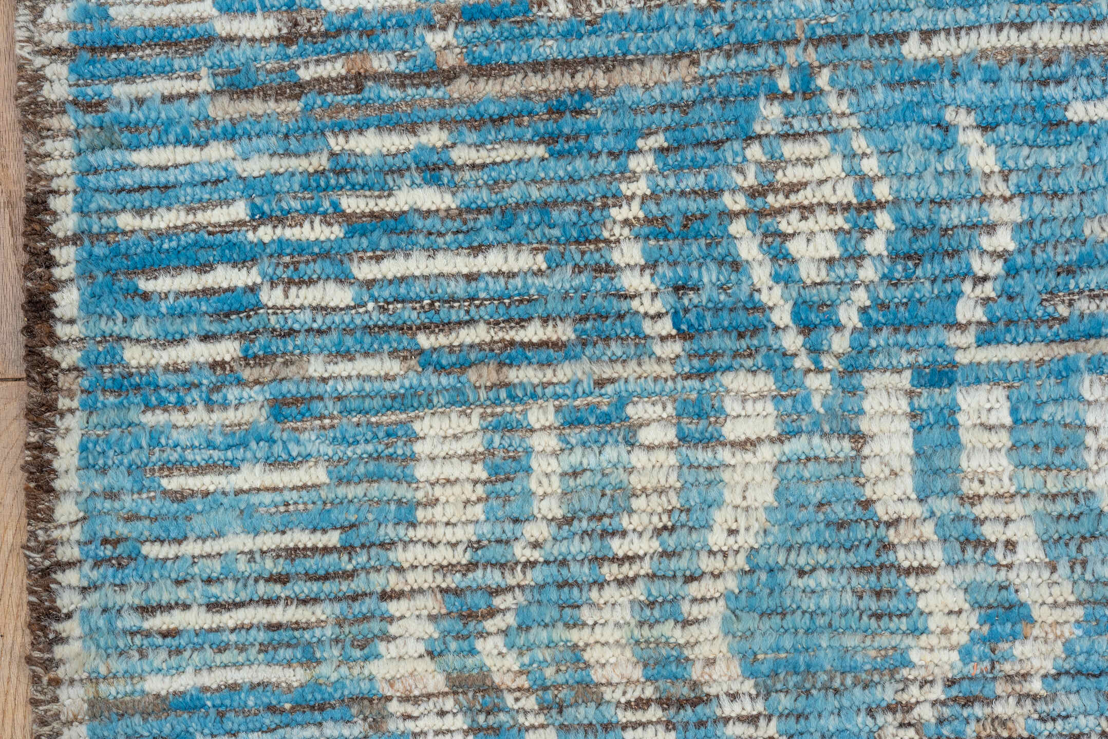 3' x 9' one-of-a-kind handmade vintage Tulu runner rug. Color palette: sky blue, ivory, taupe, brown, light blue, beige